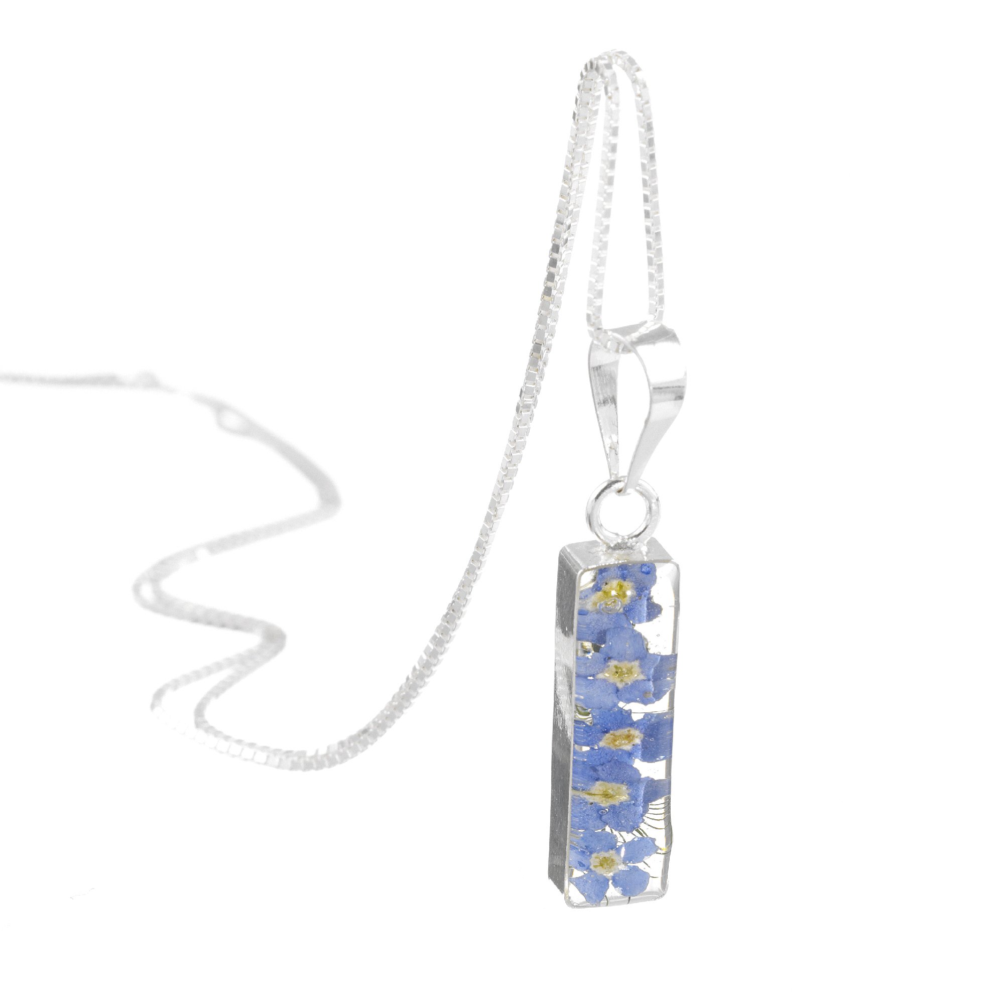 Shrieking Violet 925 Sterling Silver Rectangle Real Flower Pendant Necklace - Forget-Me-Not (Blue) — image 1