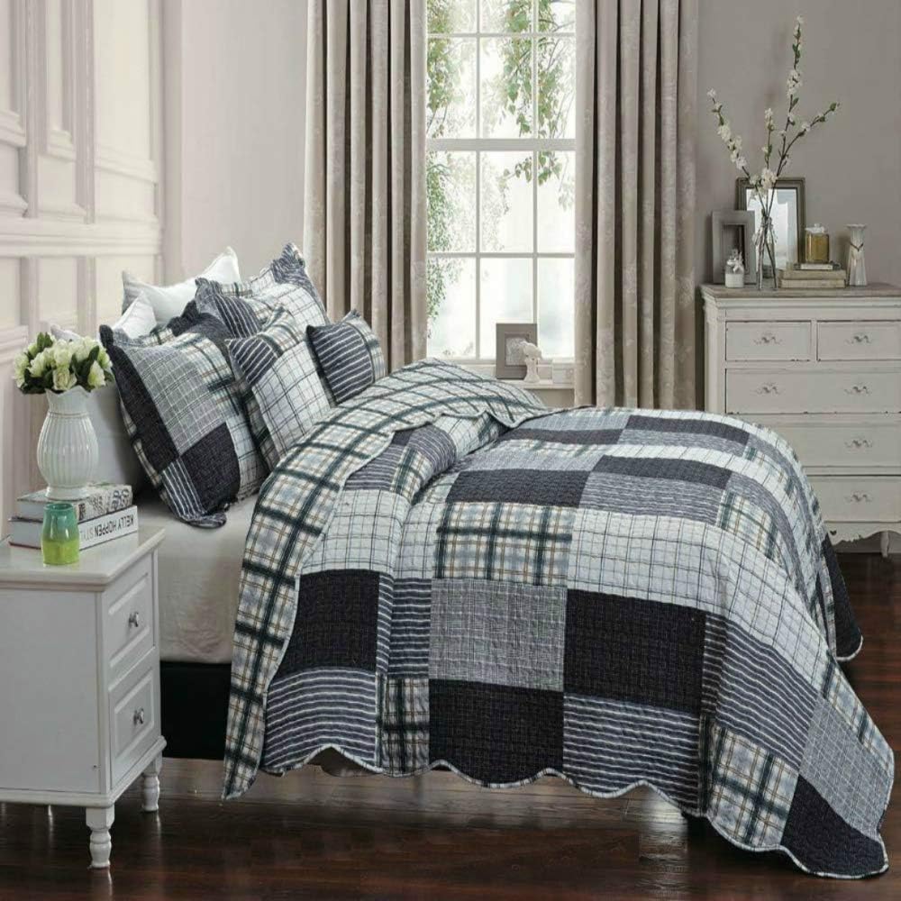 Luxury 3 Piece Printed Bedspread/Quilt Throw Patchwork with Same Pillow Shams Bed Set Dark Navy Blue (Tango, Double)