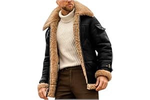 GENERIC Sherpa Lined Leather Jacket Men Suede Sherpa Shearling Faux Fur Leather Coat Sheepskin Winter Coat Fur Collar Jacket