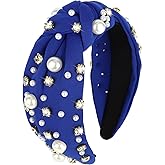 Uintoon Blue Headband Pearl Knotted Headband Sparkly Rhinestone Pearls Top Knotted Head band Fashion Accessories Cute Hair Bands