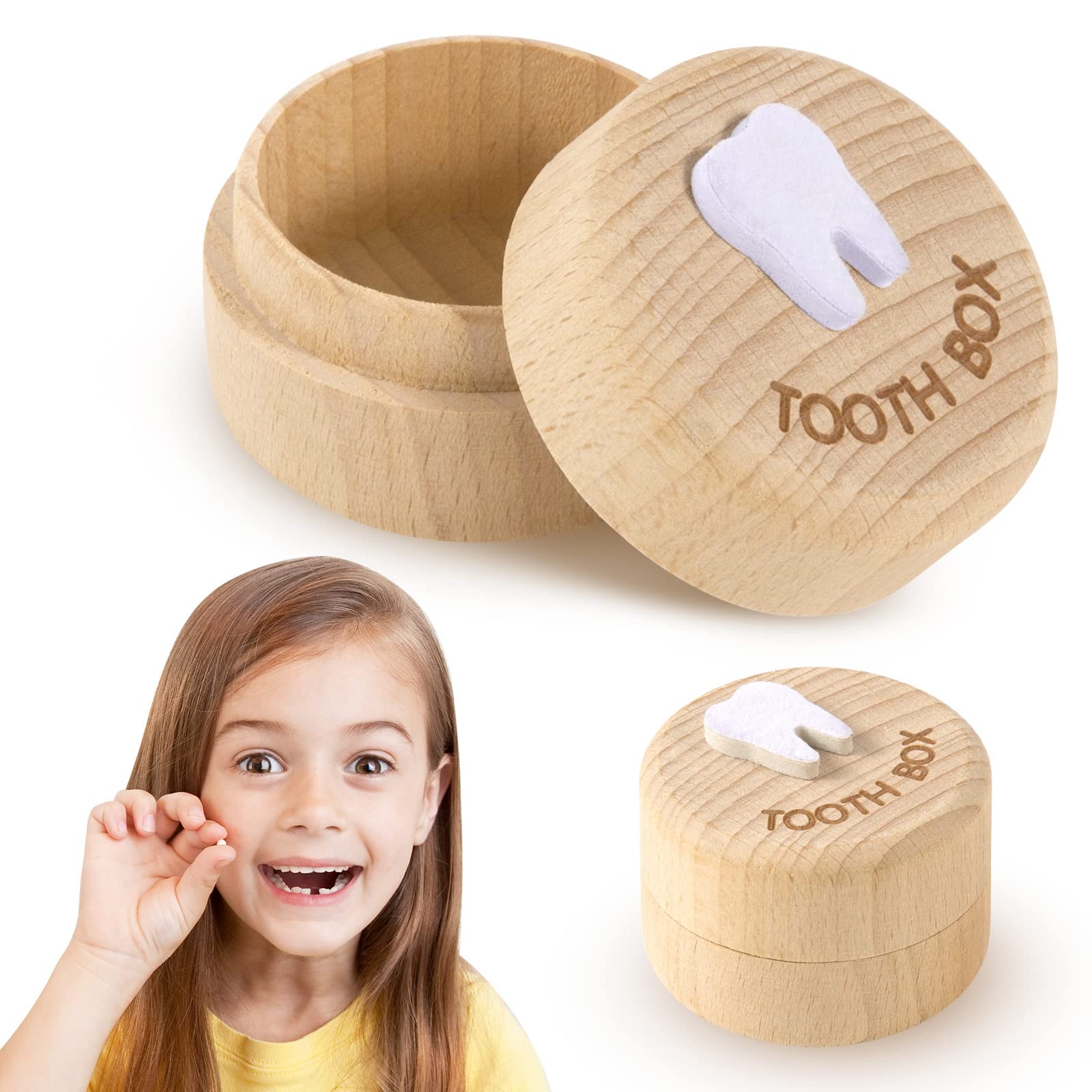 Tooth Fairy Savers Box for Kids - Wooden First Tooth Keepsake Boxes Lost Teeth for Boy & Girl, Cute Teeth Holder Container Case for Baby Party Gift