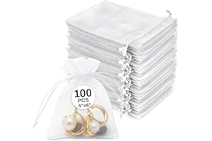 Sukh 100PCS Organza Bags 4"x6" - Small Organza Sachet Jewelry Gift Favor Bags Drawstring Mesh Bags Gifts Valentines Wedding E