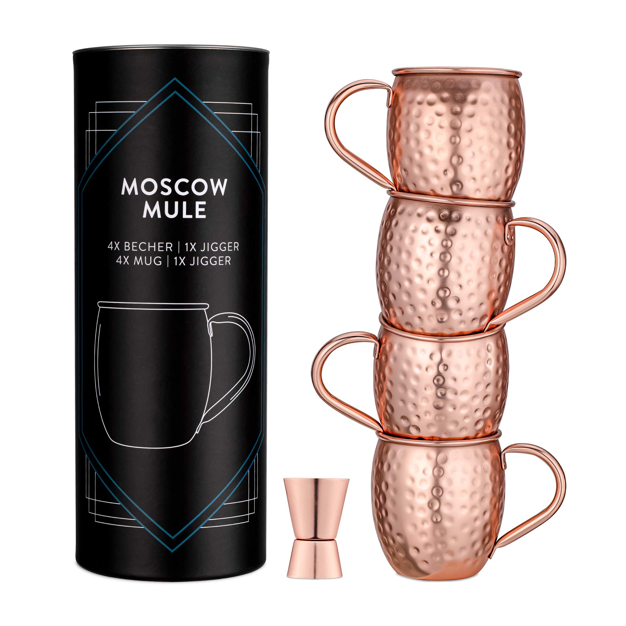 Navaris 4x Moscow Mule Copper Mugs Set- 500ml / 16.9oz Set of Copper Plated Stainless Steel Cups with Measuring Jigger for Cold Drinks, Cocktails