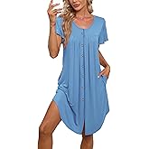 Bestshow Women's Button Down Nightgown Pleated Front Loose Fit Short Sleeve Sleepwear Pajamas Dress with Hand Pockets