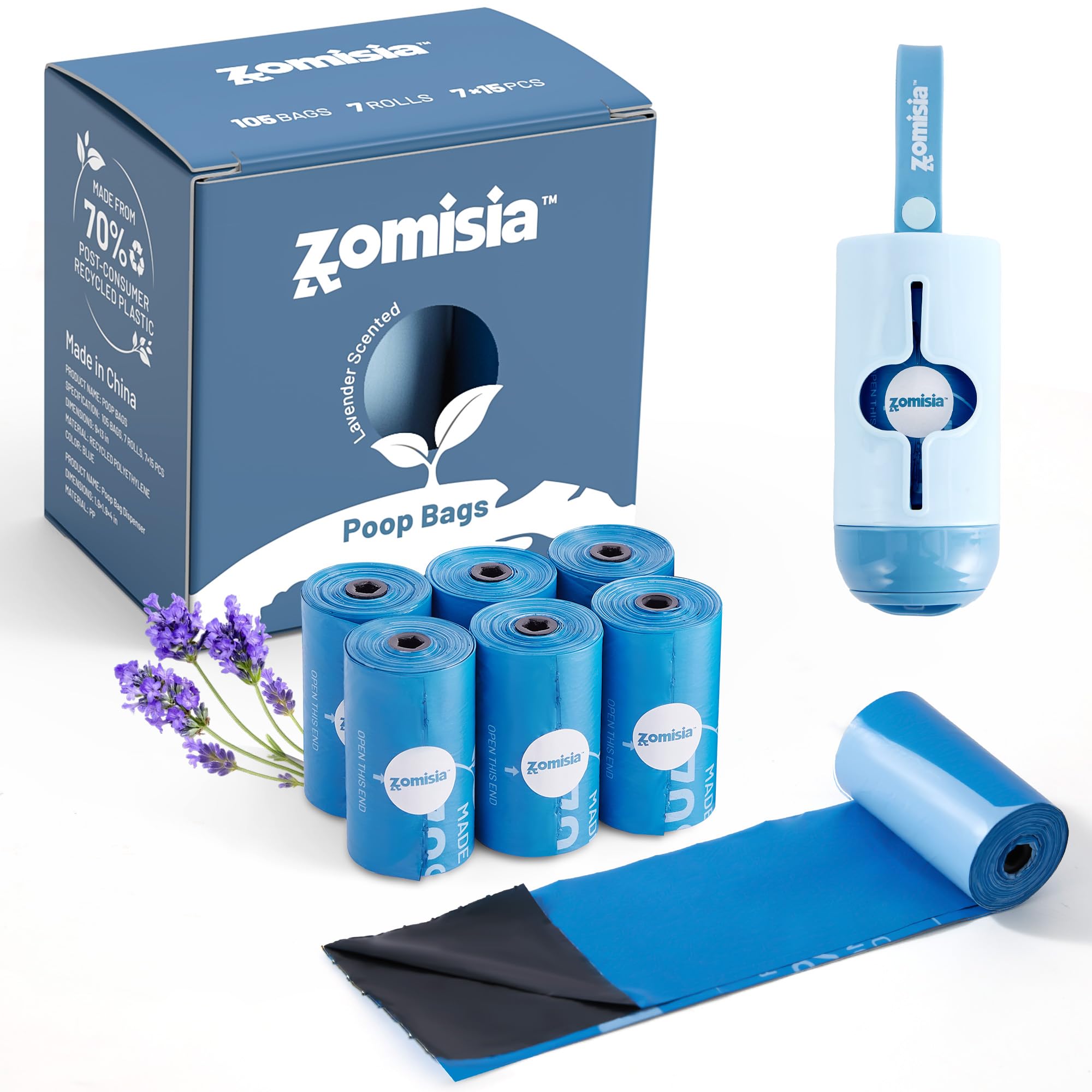 Photo 1 of ***MISSING 2 ROLLS*** ZOMISIA Dog Poop Bags Rolls with Holder - Black-Lined Lavender Dog Waste Bags 7 Rolls, Extra Thick 100% Leakproof, 70% Recycled GRS Certified, 105 Count