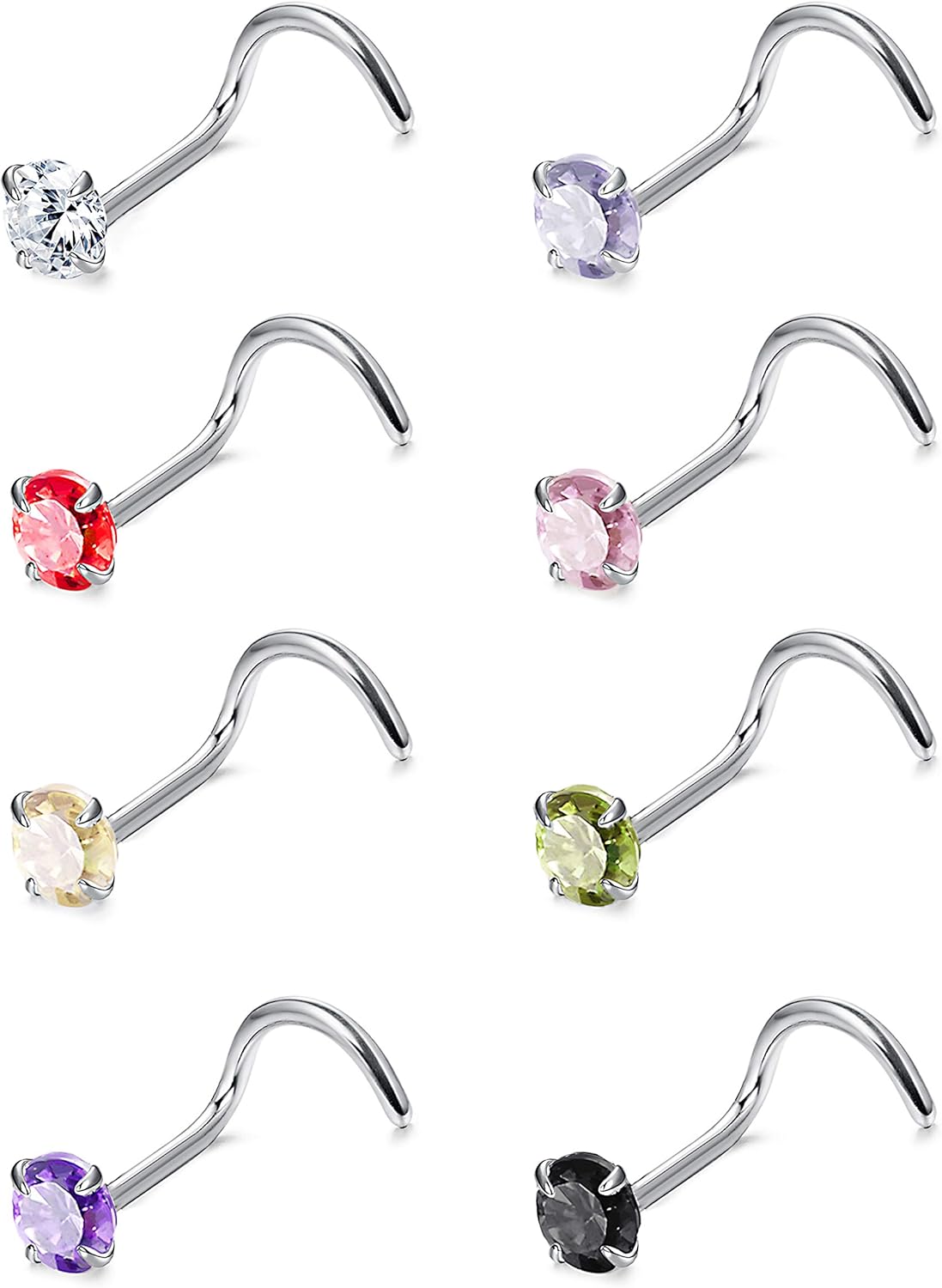 Sllaiss 8Pcs 925 Sterling Silver Corkscrew Nose Studs for
