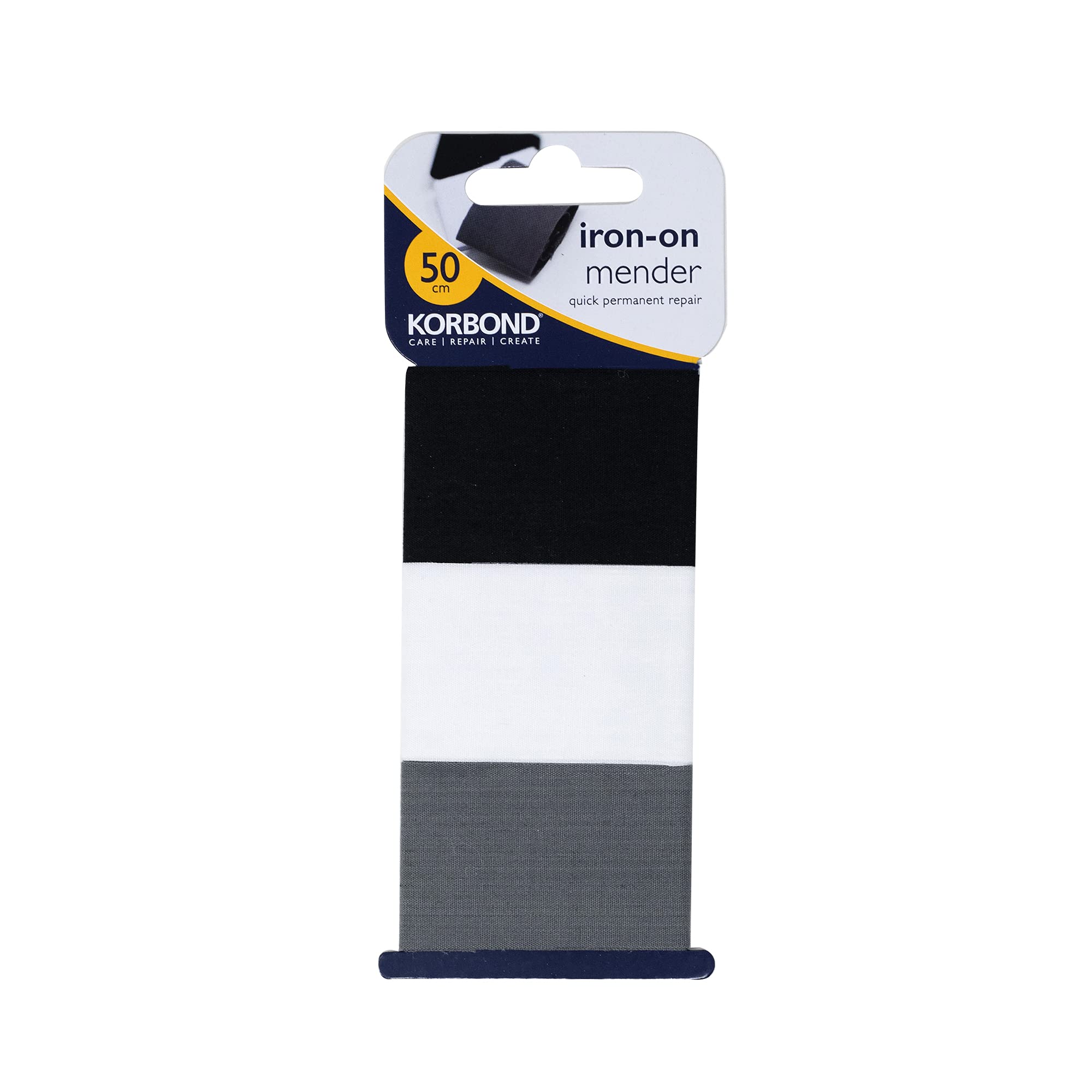 Korbond Fabric Repair Tape/Patch - Iron On - Pack Of 3 โ Black, White & Grey โ Each 3.8cm x 50cm โ Total 1.5m Tape โ Invisible Permanent Mending - Ideal for Fixing Clothes & Garments