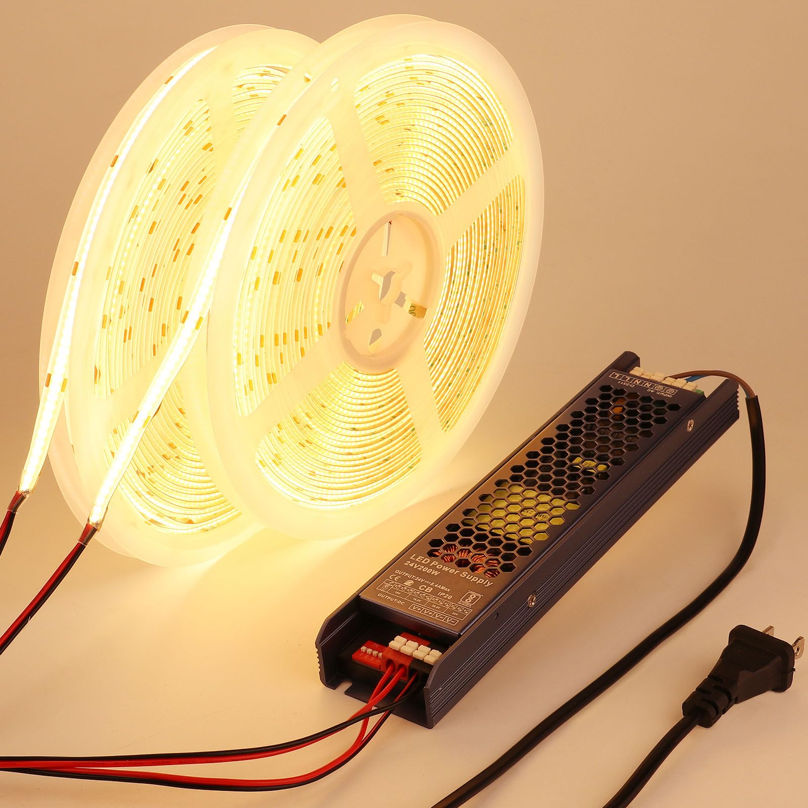 Photo 1 of BENLUN 24V COB LED Strip Light Outdoor Waterproof 65.6ft (2 Rolls of 32.8ft), 3000K Warm White 11W/M 312LEDs/M CRI 93 LED Tape Light with Power Supply for Bedroom Courtyard Living Room Ceiling