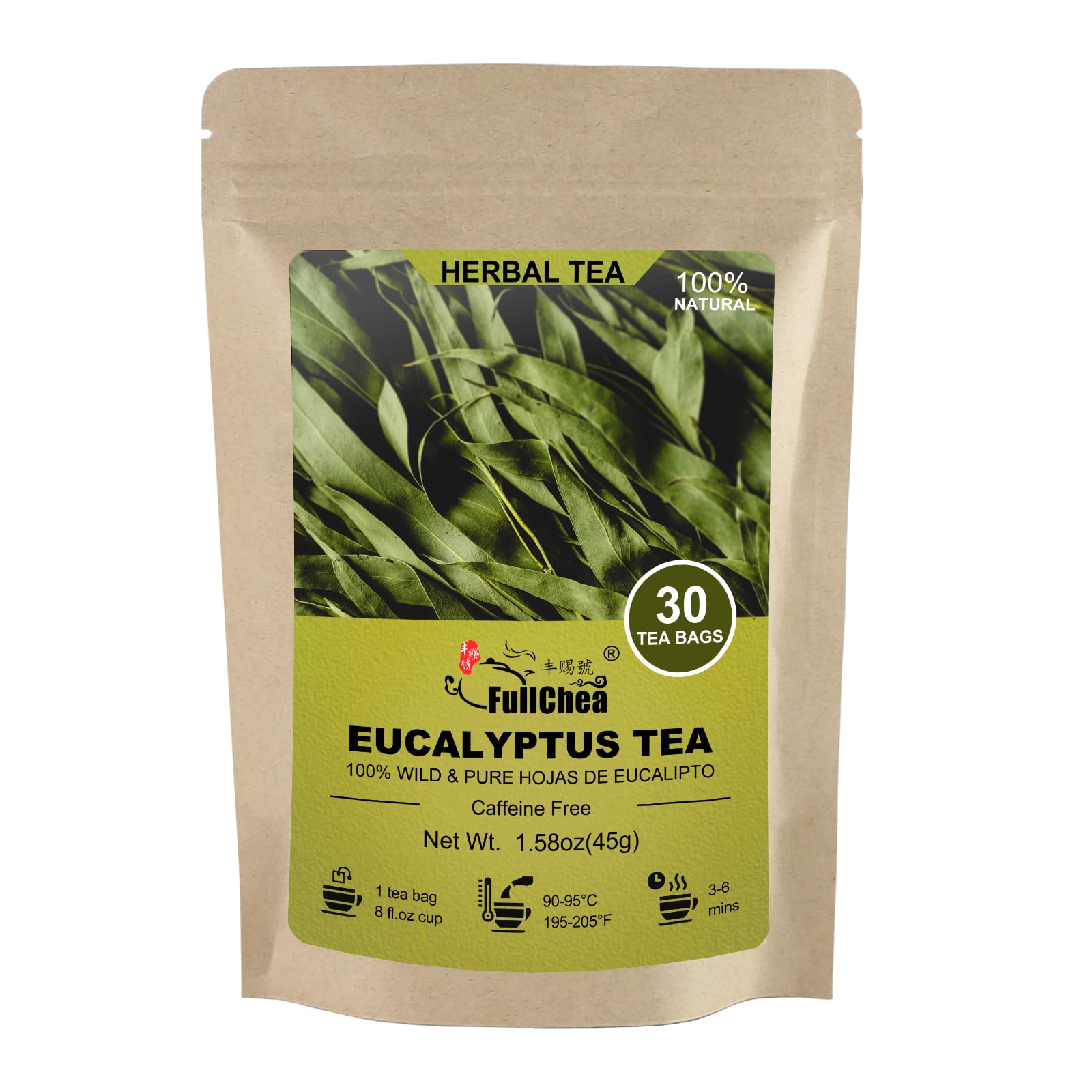 FullChea Natural Eucalyptus Tea Bag 30 Teabags, 1.5g/bag - Premium Hojas de Eucalipto - Non-GMO - Caffeine-free - Boost Respiratory Health