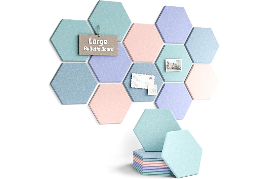Fluxynara 12-Pack Hexagon Felt Bulletin Board Tiles, Coastal Haze-1 | Cork Board Alternative with 60 Adhesive Tabs for Notes, Photos and Reminders in Home Offices, Dorm and Classrooms