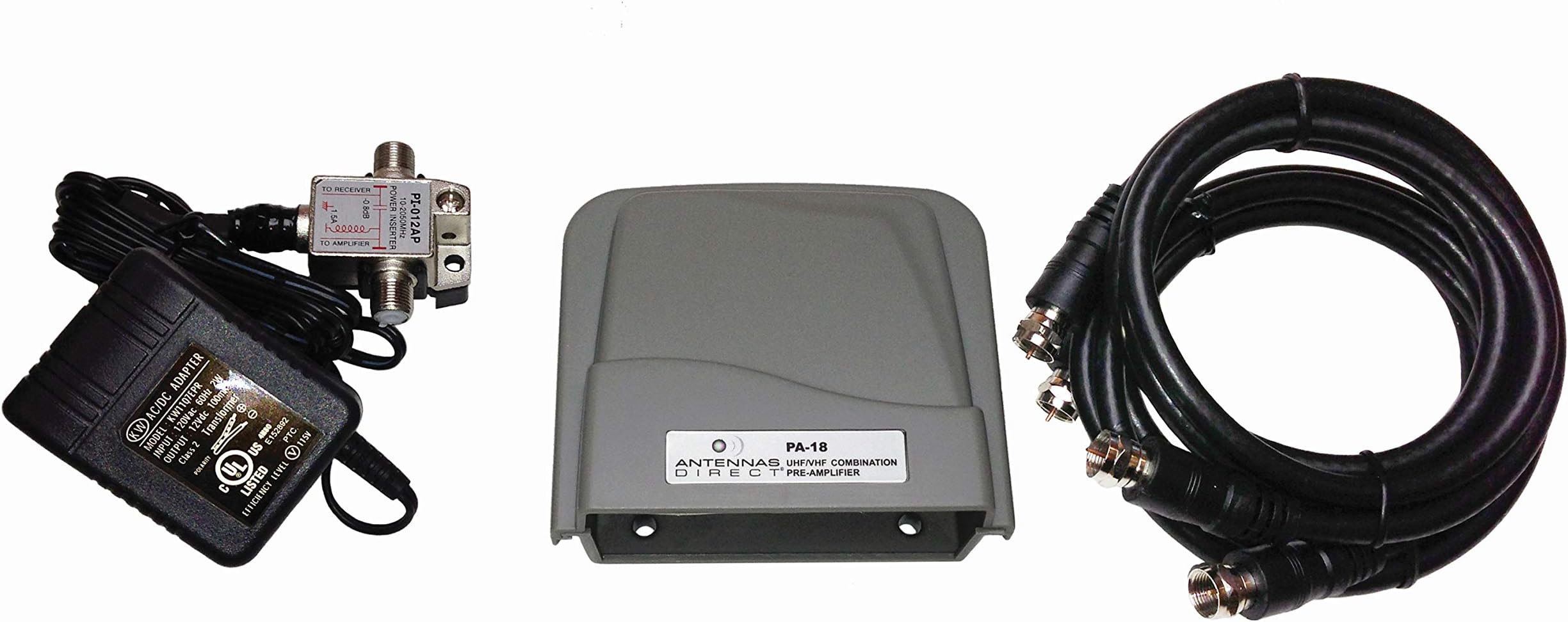 Antennas Direct PA-18 Low-Noise Preamplifier, 4K Ready, UHF and Hi-VHF, Indoor/Outdoor Use, Includes Coaxial Cables, Power inserter, 12V DC Power Supply- Gray, Rural Use Only: 18dB Gain