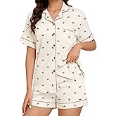 SWOMOG Women 2 Piece Pajamas Sets Short Sleeve Sleepwear Printed Pj Sets Button Down Shirt with Classic Shorts Set S-XXL
