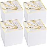 Gandeer 300 Pcs Square Plastic Plates with Forks Set Include 150 Disposable 6.5 Inch Dessert Plates Heavy Duty and 150 Plastic Appetizer Forks for 150 Guests Weddings Party Supplies(Gold)