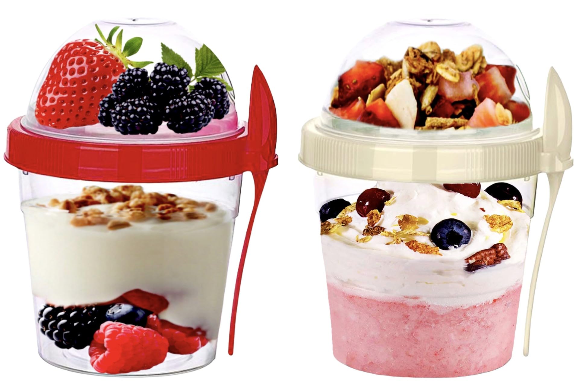 4All Yogurt Cup and Spoon 500ML Reuseable BPA free Breakfast Pot Museli Cup Spoon With Lid Cereal Containers Dishwasher Safe Oatmeal Jars Cereal Containers Red,Cream