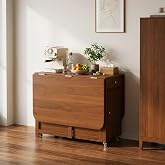 Drop Leaf Folding Dining Table with chairs, Space Saving, Walnut, 51" | Fully Assembled, Foldable Butterfly Table, Locking Wheels, Hidden Drawers, Solid Wood, for Living Room Kitchen Small Spaces