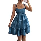 MakeMeChic Women's Summer Mini Dress Spaghetti Strap Sundress Boho Beach Wedding Guest Dresses