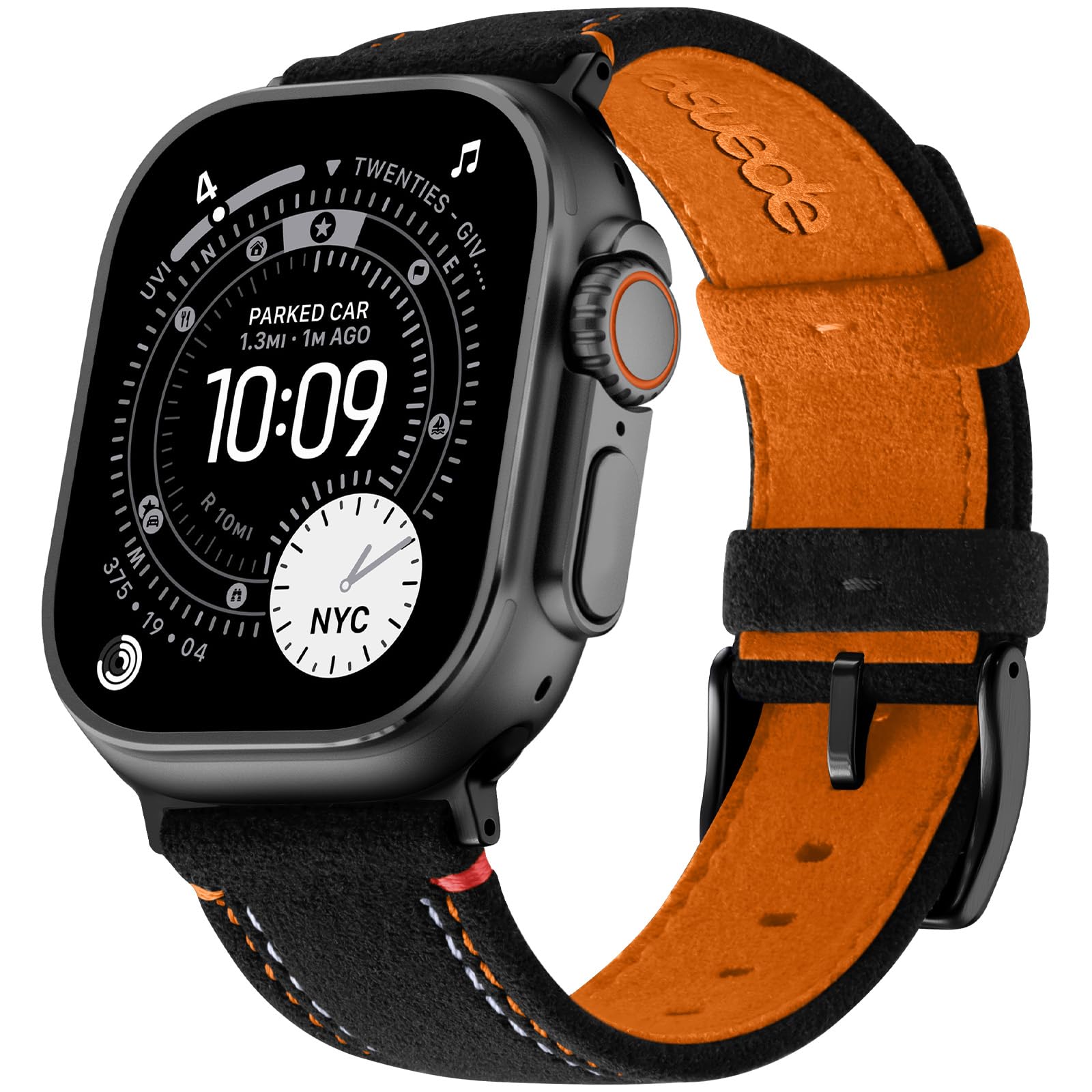 Photo 1 of Bandletic Compatible with Apple Watch Ultra 3 2 1 Band 49mm for Men, Suede Leather Bands Breathable Replacement Strap for iWatch Series 11 10 (46mm), 9 8 7 (45mm), SE3 SE2 SE 6 5 4(44mm), Black/Orange