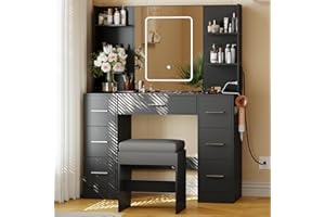 43.3'' Vanity Desk with Mirror, Stool, Touch LED Light and Power Outlet Makeup Vanity Table with 7 Drawers and 6 Storage Shel