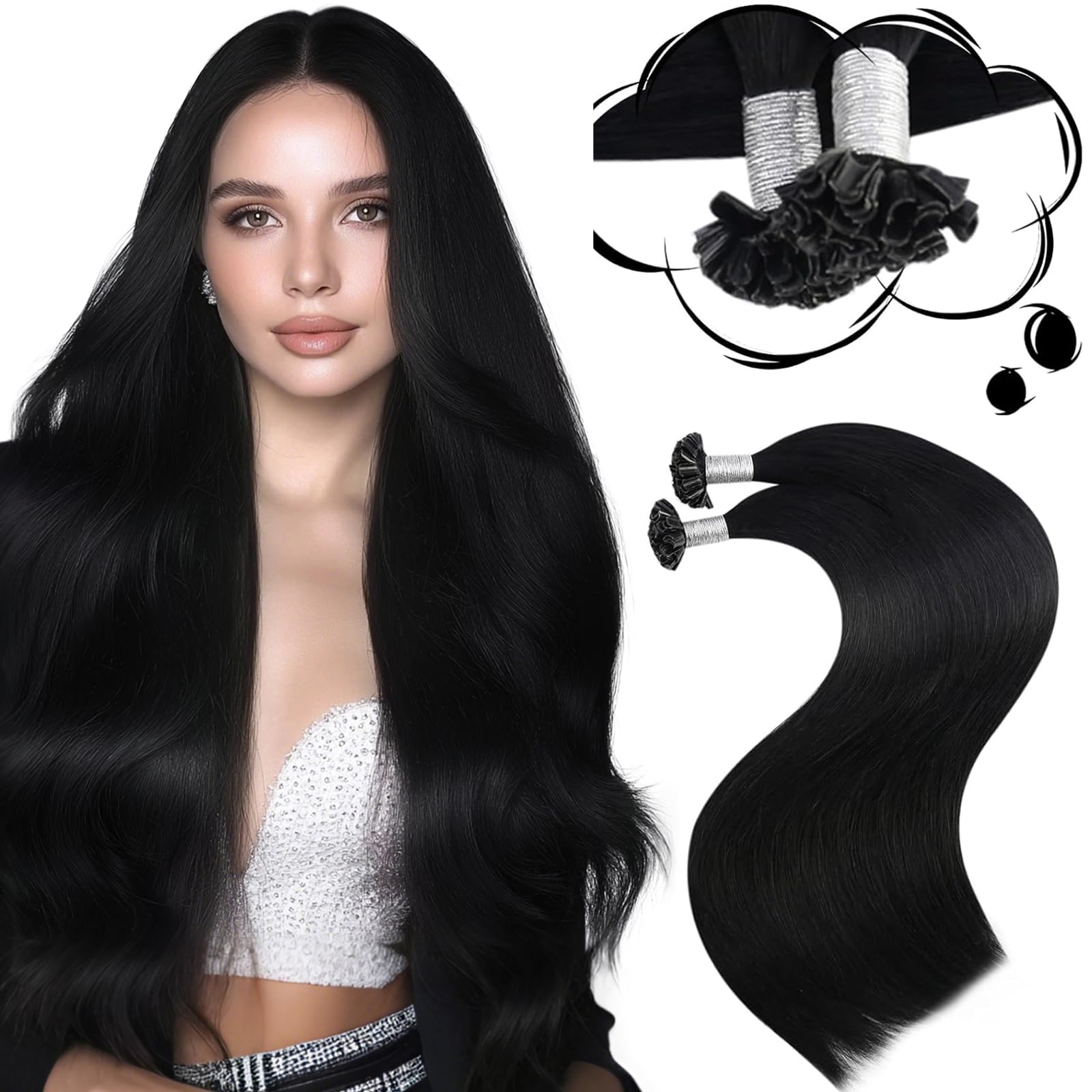 Moresoo U Tip Hair Extensions Human Hair Jet Black Pre Bonded Hair Extensions Black Hot Fusion Remy Human Straight Hair 14 Inch 40G/50S #1 โ image 1