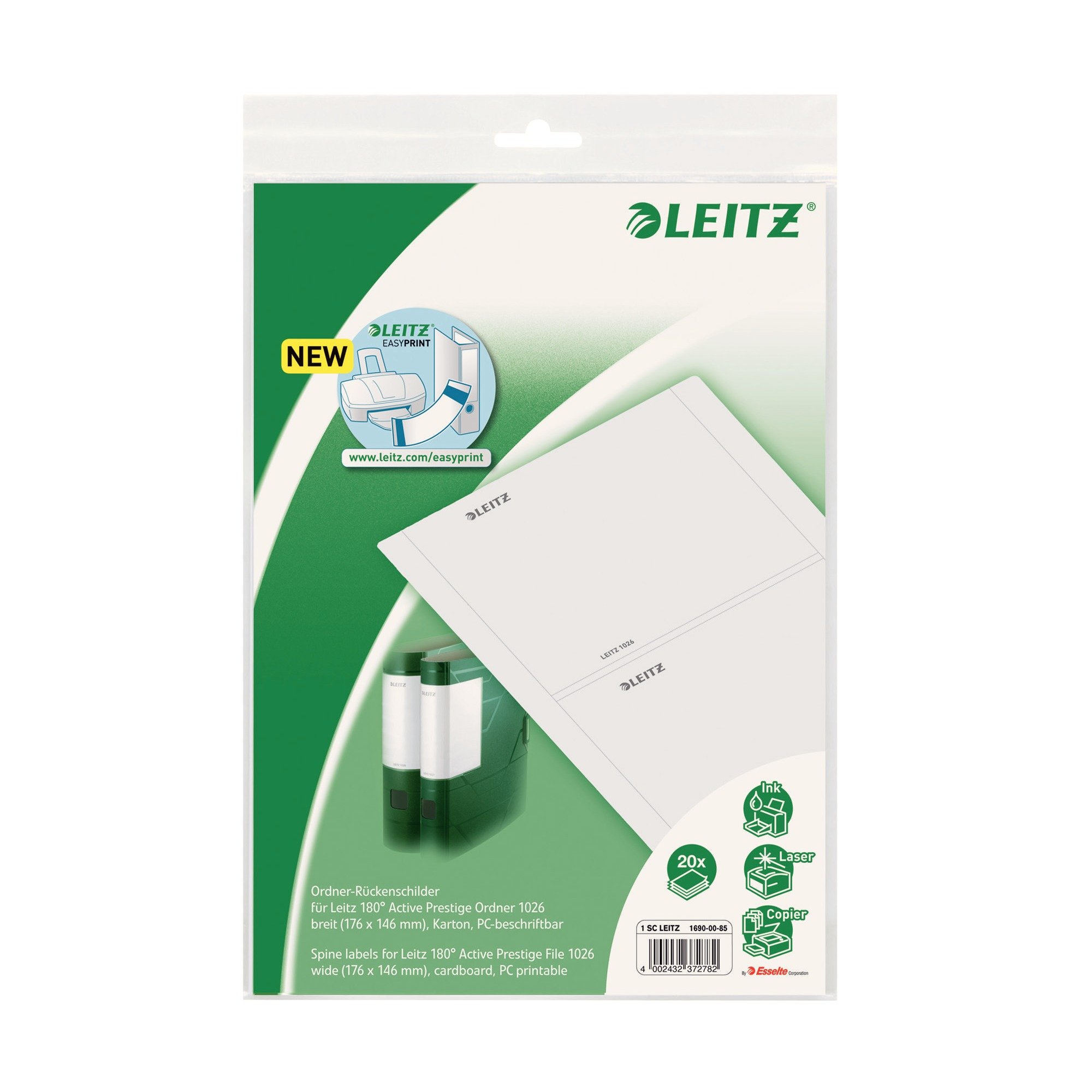 Leitz PC Printable Spine Labels for Leitz 180 Degrees Active 80 mm Lever Arch Files Solid, Wide, 176 x 146 mm, Card, 16900085 - Light Grey, Pack of 10