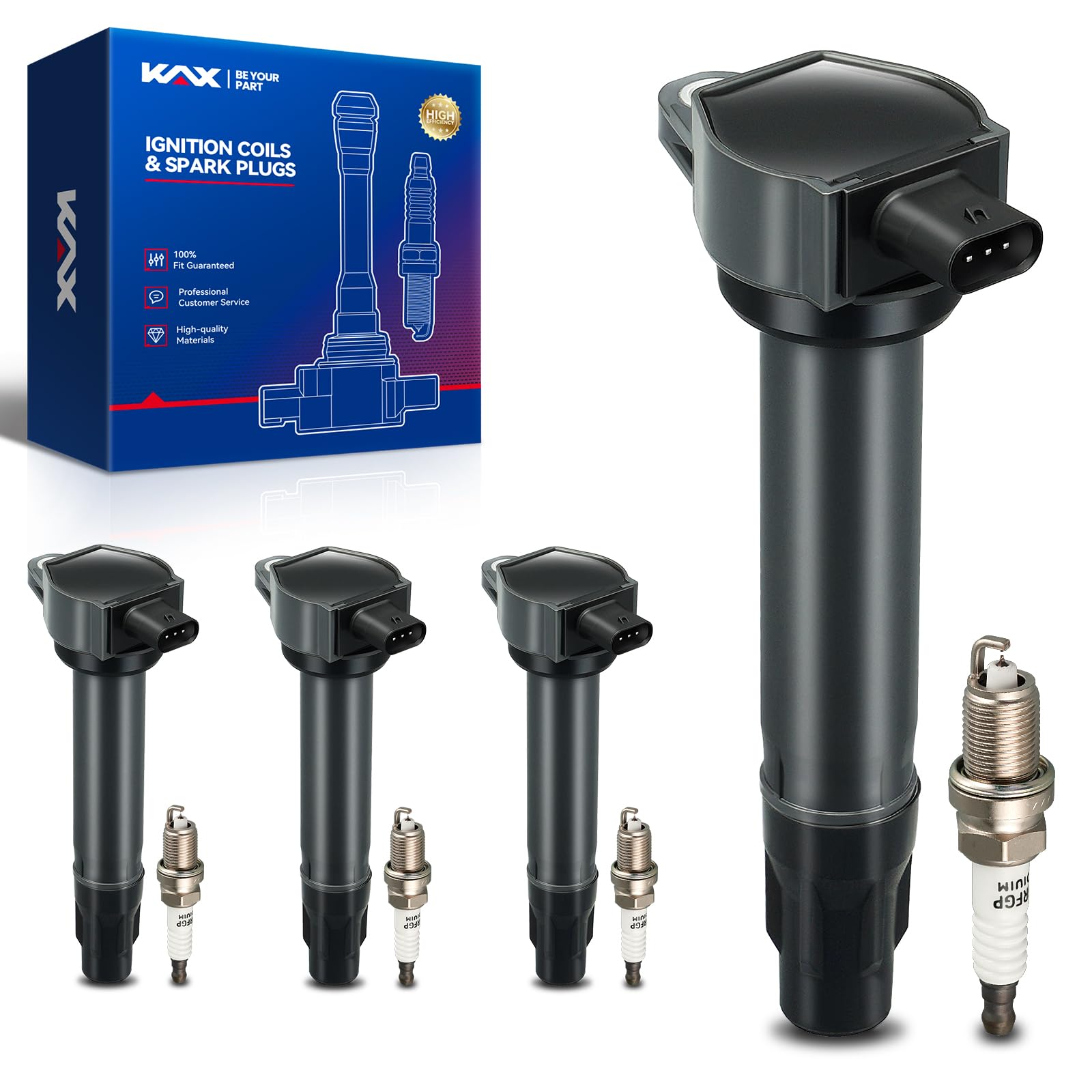 KAX 4-Pack Ignition Coils and Double Iridium Spark Plug Set for Jeep Patriot 2007-2008 2010-2017, Compass 2007-2008 2010-2016, Dodge Journey 2009-2019 2.4L, Avenger 2008-2014 2.4L, Caliber, UF557 Image