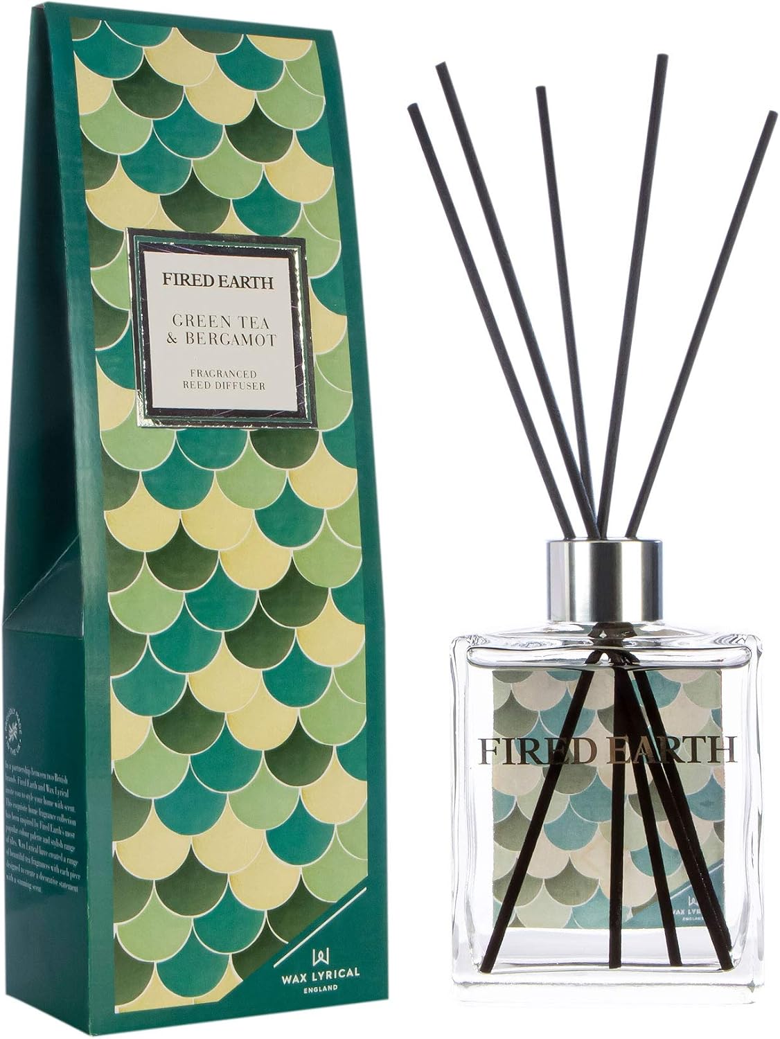 Wax Lyrical Fired Earth Small Ceramic Candle, Green Tea & Bergamot, Turquoise, Blue, Green, Large Reed Diffuser