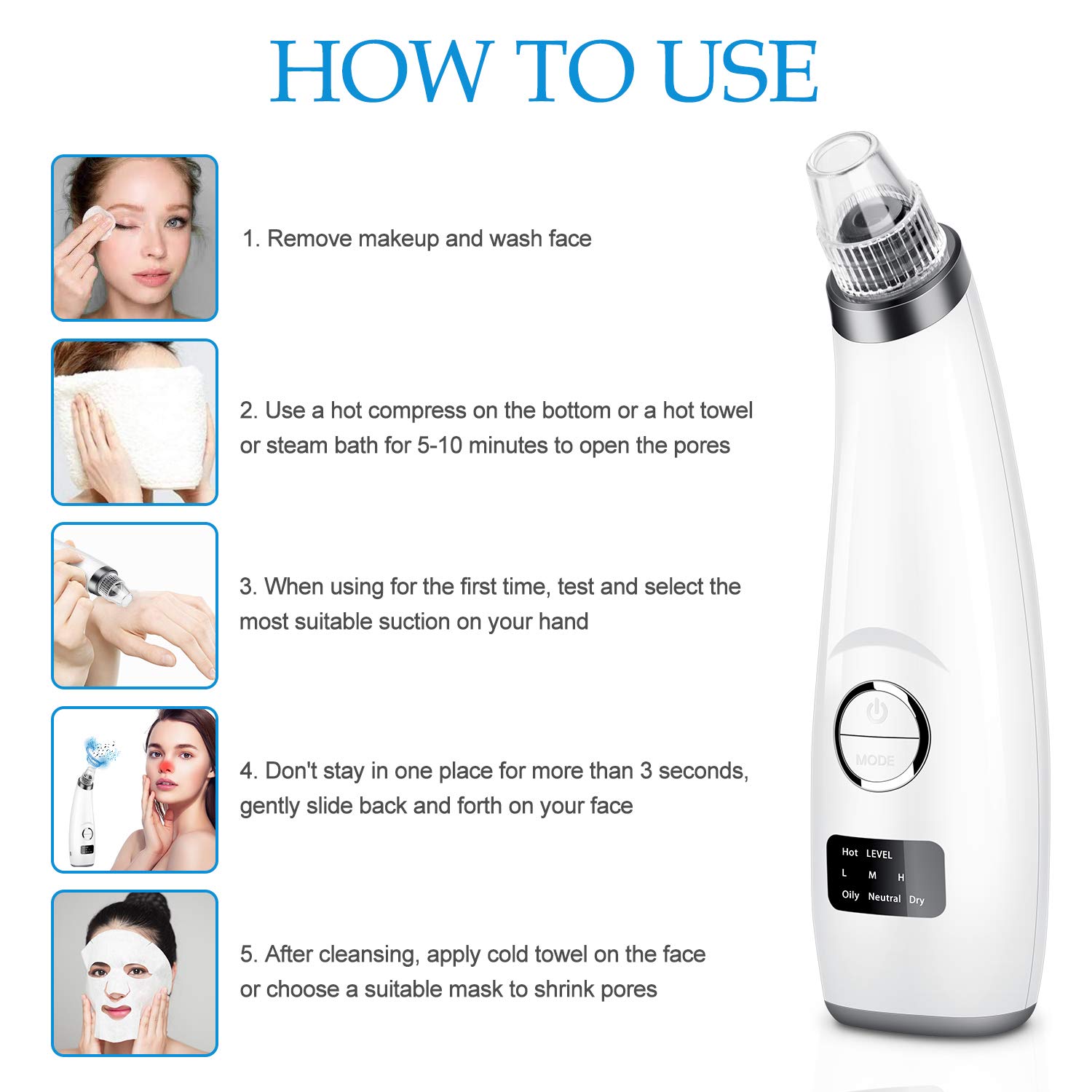 Blackhead Remover Pore Vacuum - JEXCULL Electric Blackhead Removal Tool Acne Extractor Facial Cleaner Suction Tools Kit for Women Men USB Rechargeable LED Display with 5 Suction Probes(Silvery white): Beauty