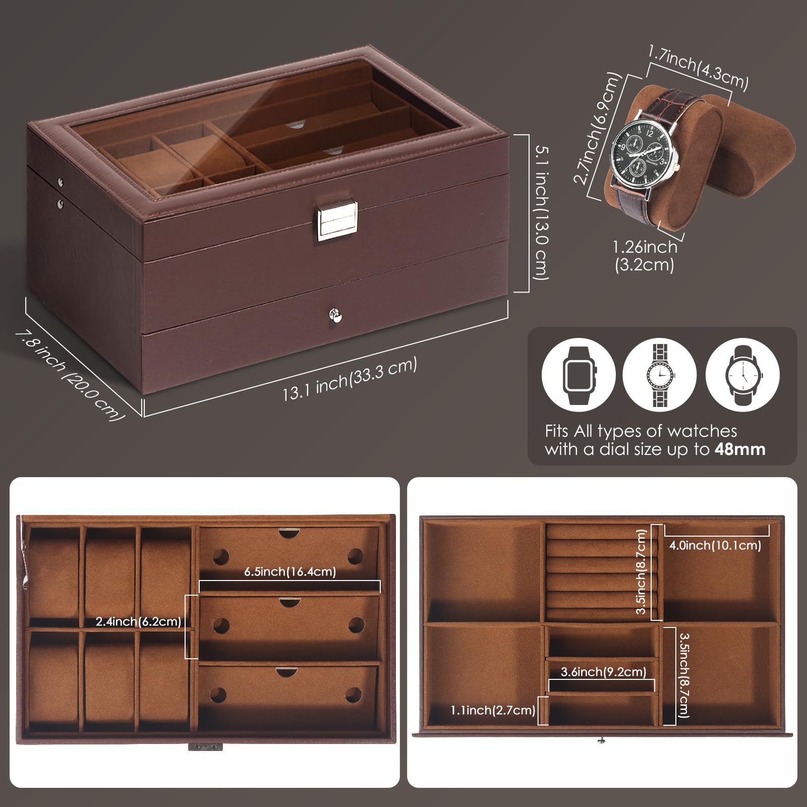 GLJ Jewelry Box for Men, 6 Slot Watch Box Jewelry Organizer With Drawer, Watch Case for Men with Large Window, 2-Layer Watch Holder, Sunglasses Storage Organizer, Velvet Lining, PU Leather, Gift Idea