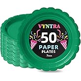Vyntra Green 7 Inch Scalloped Paper Plates, 50 Count Heavy Duty Microwave Safe Disposable Dessert Plates for St. Patrick’s Day, Snacks, Dessert