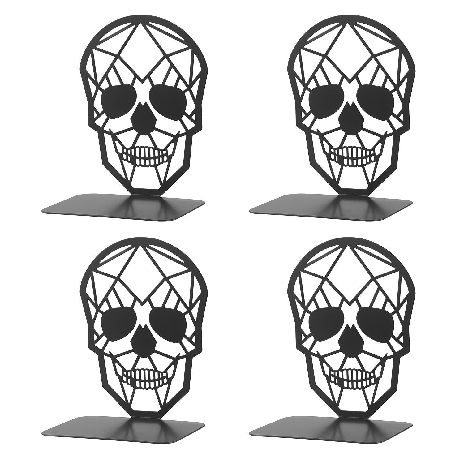 2 Pairs Metal Bookends, MSDADA Book Ends for Shelves, Geometric Book Holder for Heavy Books, Decorative Skull Book Shelf Holder, Non-Skip Book Stoppers for Office, School, Home(Black)