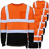 Zhanmai 6 Pack High Visibility Shirts Class 3 Reflective Safety Hi Vis Shirt Long Sleeve Wicking Safety Shirt with Pocket (Orange)