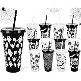 JarThenaAMCS 24Pcs Halloween Plastic Cups with Straws Lids 24oz Reusable Ghost Bat Pumpkin Spider Web Plastic Tumbler Black White Cold Cups for Halloween Home Office Party Supplies