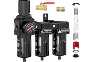 ATINY 3/8" NPT Three Stage Air Drying System, Air Filter Pressure Regulator Combo Air Compressor Filter Dryer,5 &0.5 &0.01 Micron Coalescing Filter,with Ball Valve Semi-Auto Drain,Metal Bracket-Black
