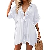 Zeregos Women Swimsuit Cover Up 3/4 Bell Sleeve Boho Bathing Suit Coverups Hollow Out Kimonos Cardigans for Swimwear