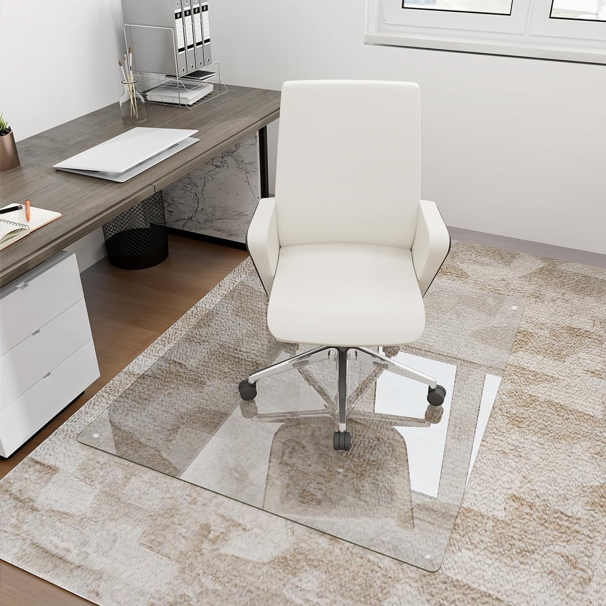 Photo 1 of [Tempered Glass] 36" x 55" Glass Chair Mat, Heavy Duty Hard Floor Mat with Round Corner and Polished Edge, Office Chair Mat for Carpet Office Home Hardwood Floor Desk