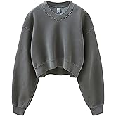 Meladyan Women Casual Cropped Sweatshirt Basic Solid Long Sleeve Fleece V Neck Loose Drop Shoulder Pullover Crop Tops Vintage
