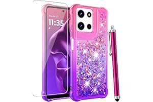 CAIYUNL for Moto G 5G 2025 Case with Screen Protector, Women Girls Glitter Bling Liquid Floating Cute Phone Case Slim TPU Soft Silicone Shockproof Protective Cover for Motorola G 5G 2025-Pink Purple
