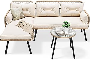 YITAHOME L-Shaped Patio Furniture Outdoor Loveseat Sectional Set for Backyard, Porch with Thick Cushions Detachable Lounger, Side Table (Light Brown+Beige)