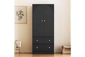 QHITTY Freestanding Bedroom Armoire Wardrobe with 2 Drawers, Bedroom Chest Clothes Storage with Clothing Rod and 2 Storage Doors for Bedroom, Living Room Black