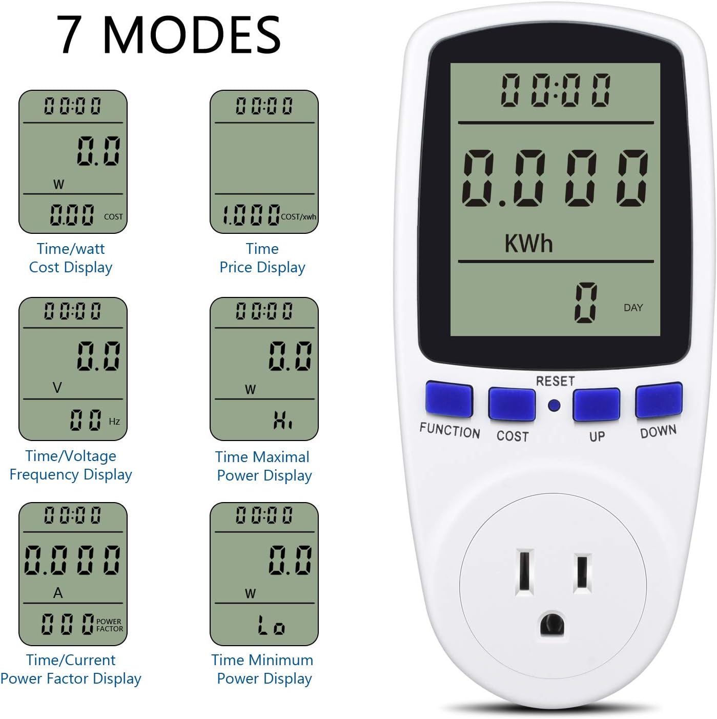kuman KW47-US Electricity Usage Monitor Plug Power Watt Voltage Amps Meter with Digital LCD, Overload Protection and 7 Display Modes for Energy Saving (NO-Backlight), white - - 