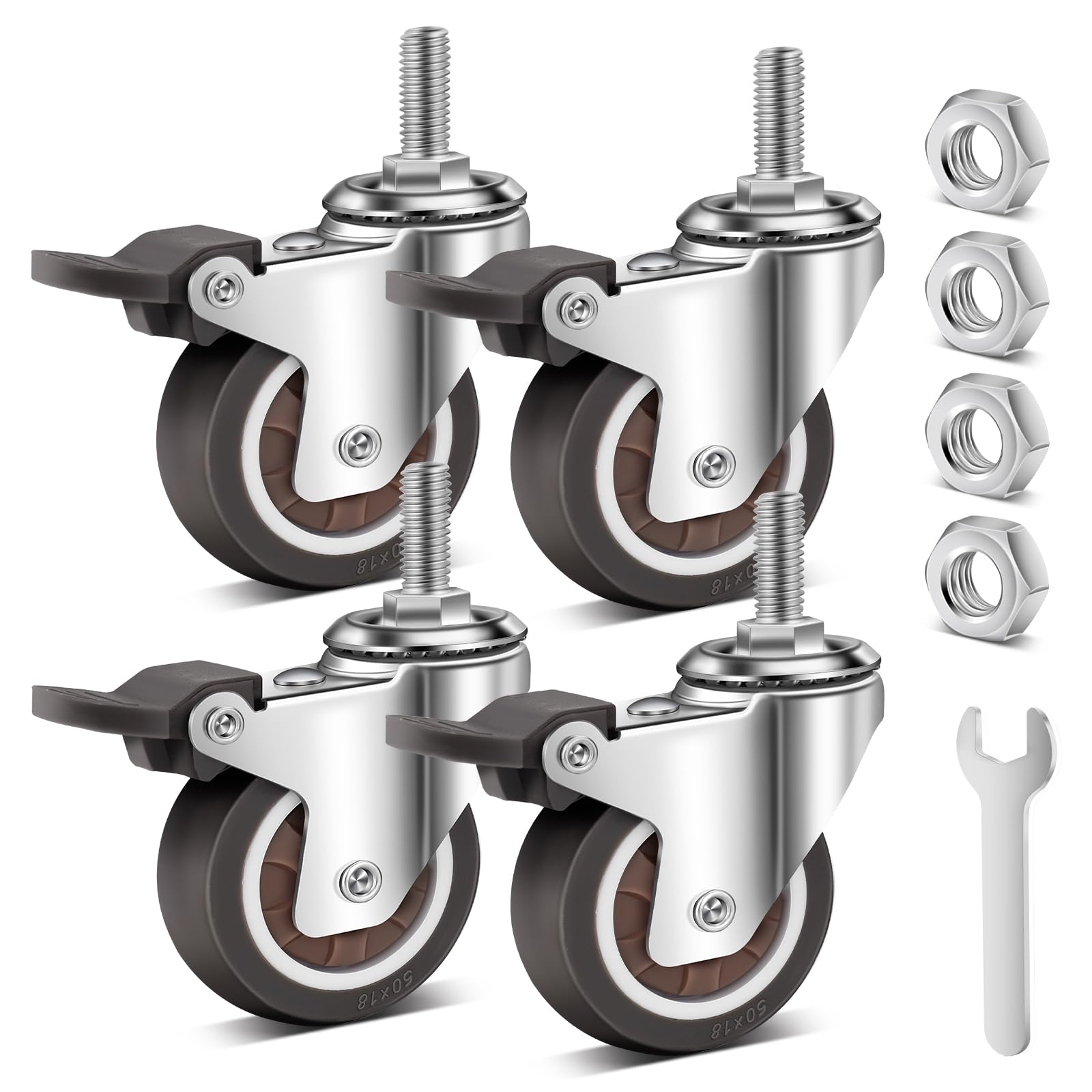 Fatiya 2 Inch Stem Casters Wheels Set of 4 with Dual Locking, M8 x 25 mm Heavy Duty, Smooth and Silent Movement, 880 Lbs Load Capacity, Threaded Swivel Wheels for Cart Furniture