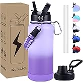 CoolSub Insulated Water Bottle, 32 oz Stainless Steel Wide Mouth Water Bottles with 2 Leak Proof Lid and Paracord Handle, Double Wall Vacuum Insulated Sports Water Bottle, Gradient Purple