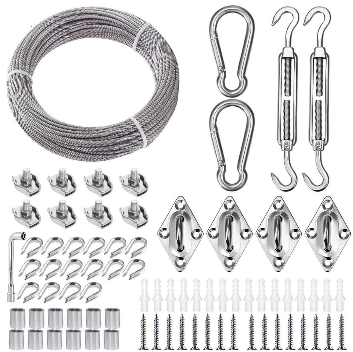 TooTaci 3mm Wire Rope Kit, Sun Sail Cable Fixing Kit,15M/3mm PVC Coated Steel Cable 7×7 Strands with M5 Turnbuckle Wire Tensioner Kit, Guide Wire for String Light Hanging, Garden Fence, DIY