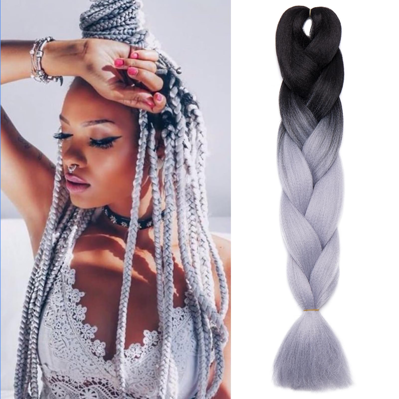 Silk-co 2 Tones Jumbo Braids Hair 24inch Afro X Braiding Hair Extensions Ombre Synthetic Heat Resistant [100g; Black-Grey]