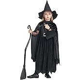 IKALI Girls Classic Halloween Black Witch Costume with Cape Hat Candy Bag, Kids Scary Witch Fancy Dress Up 3-10Y