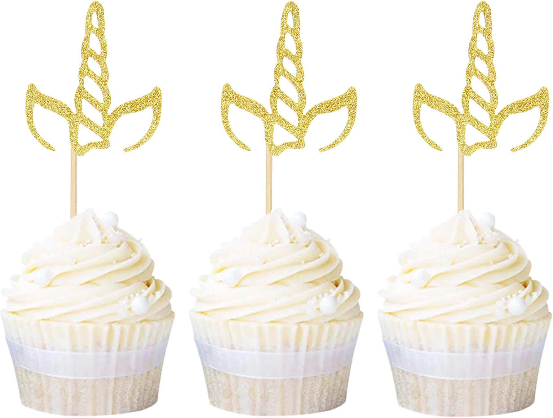 Ercadio 24 Pack Unicorn Horn Cupcake Toppers Gold Glitter Unicorn Cupcake Picks Decoration for Baby Shower Kids Birthday Party