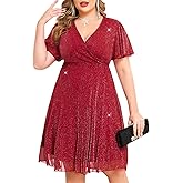CYCLAMEN Plus Size Sparkly Mesh Dress A Line Short Ruffle Sleeve V Neck Wrap Glitter Dresses Wedding Guest Cocktail Club