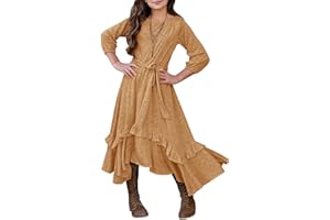 MITILLY Girls Loose Plain 3/4 Sleeve Casual Pocket Ruffle Swing Long Maxi Dress with Belt