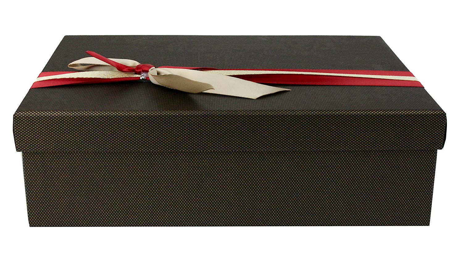 Emartbuy Rigid Luxury Rectangle Presentation Gift Box, 23 cm x 17 cm x 6.5 cm, Textured Dark Brown Box with Lid, Printed Interior and Red Gold Satin Decorative Ribbon