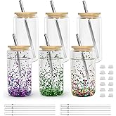 Icesip 16 oz Acrylic Snow Globe Tumbler Snow Globe Cups Double Wall Snowglobe Tumbler with Pre Drilled Hole Clear Plastic Cups with Bamboo Lids and Straws for Iced Coffee Boba Juice Soda 6 Pack